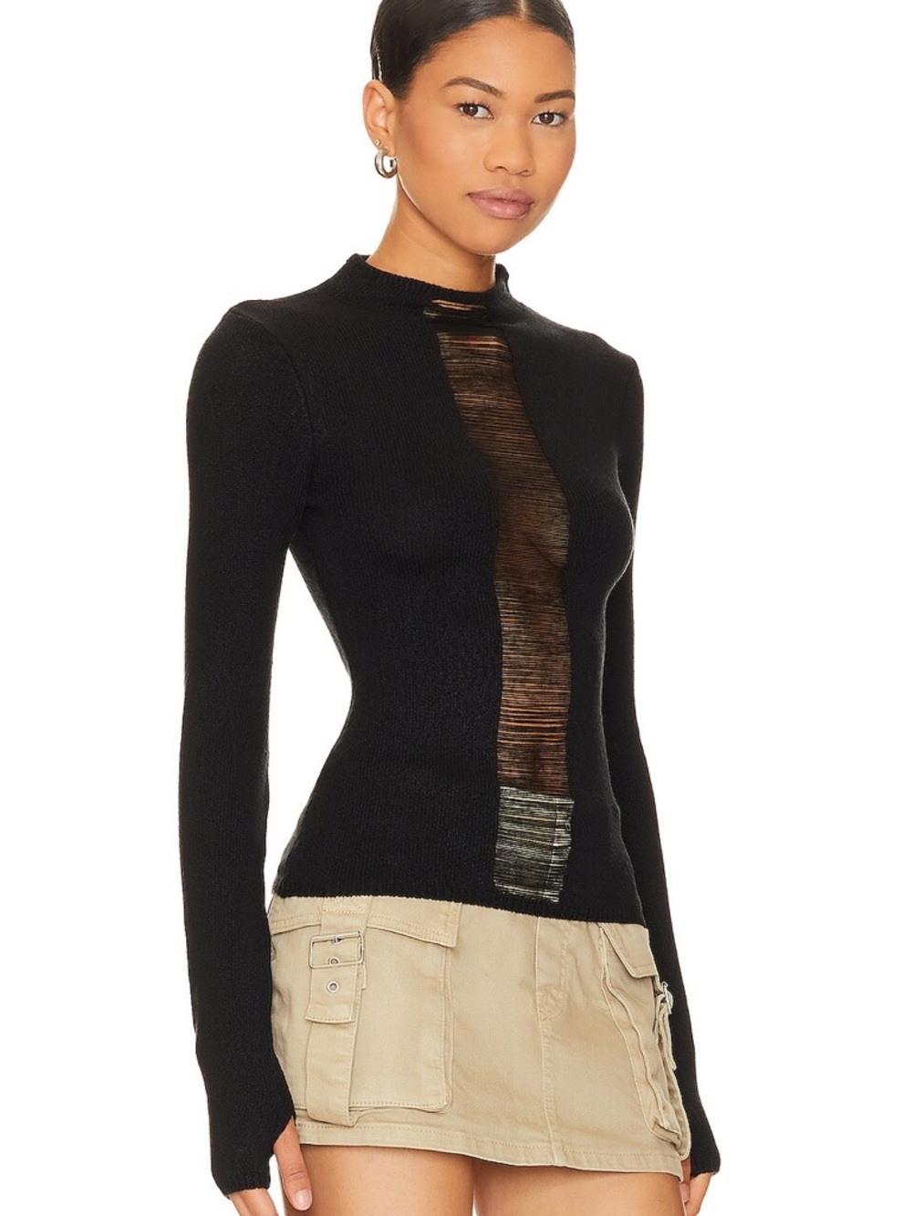 NBD Avi Dropped Needle Sweater in black, featuring a distressed center detail